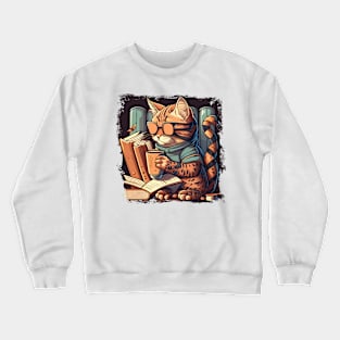 Cool Cat Reading Book - Caffeine Coffee Cat Crewneck Sweatshirt